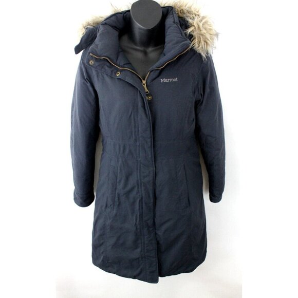 Marmot Women Jacket Chelsea 650 Fill Parka Down  Hooded Faux Fur Blue Sz XS - Picture 1 of 15